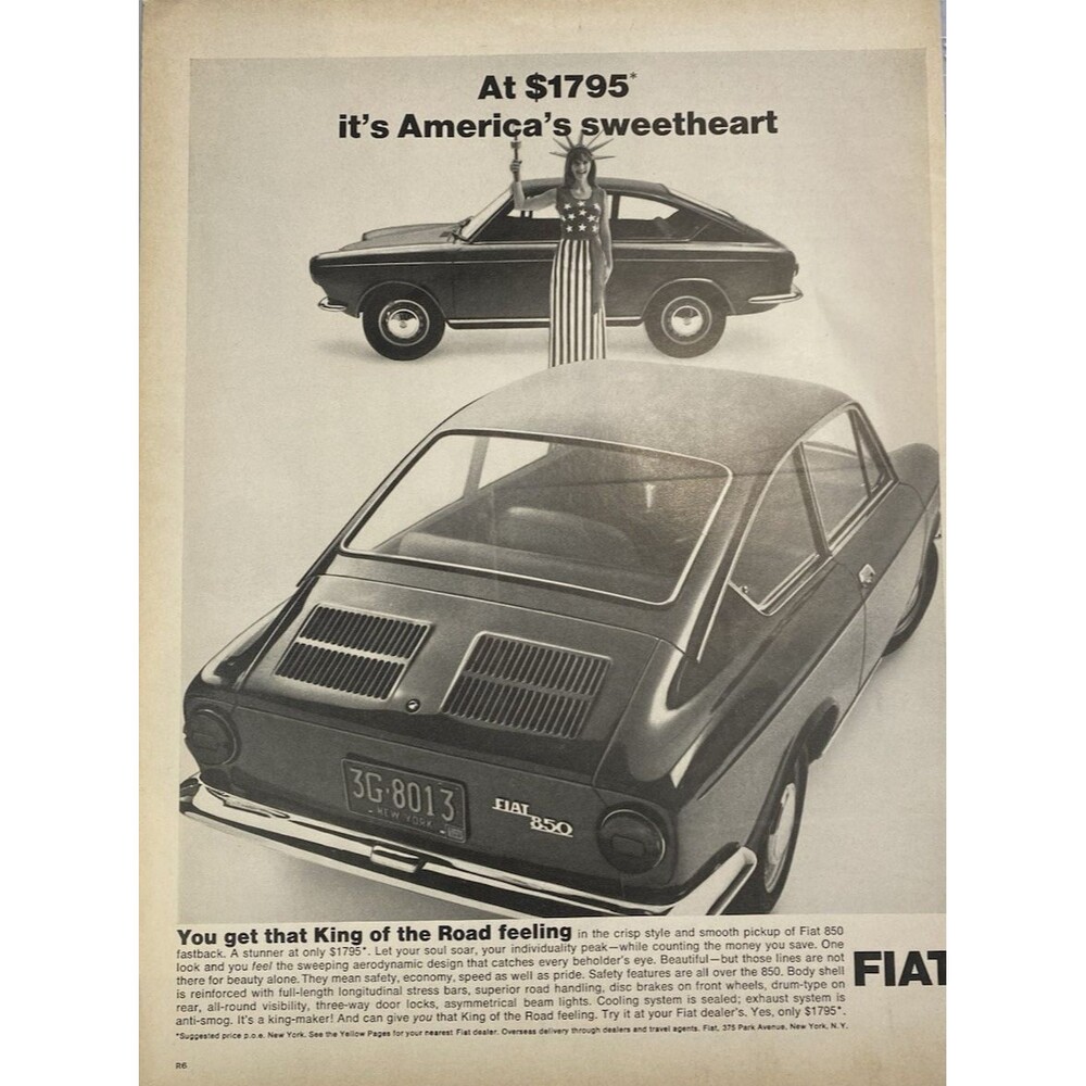 FIAT 850 "It's America's Sweetheart" Get the King of the Road Feeling" Ad 1968